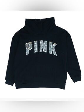 PINK Victoria's Secret Black Turtleneck Sweatshirt with Silver Sequin Logo